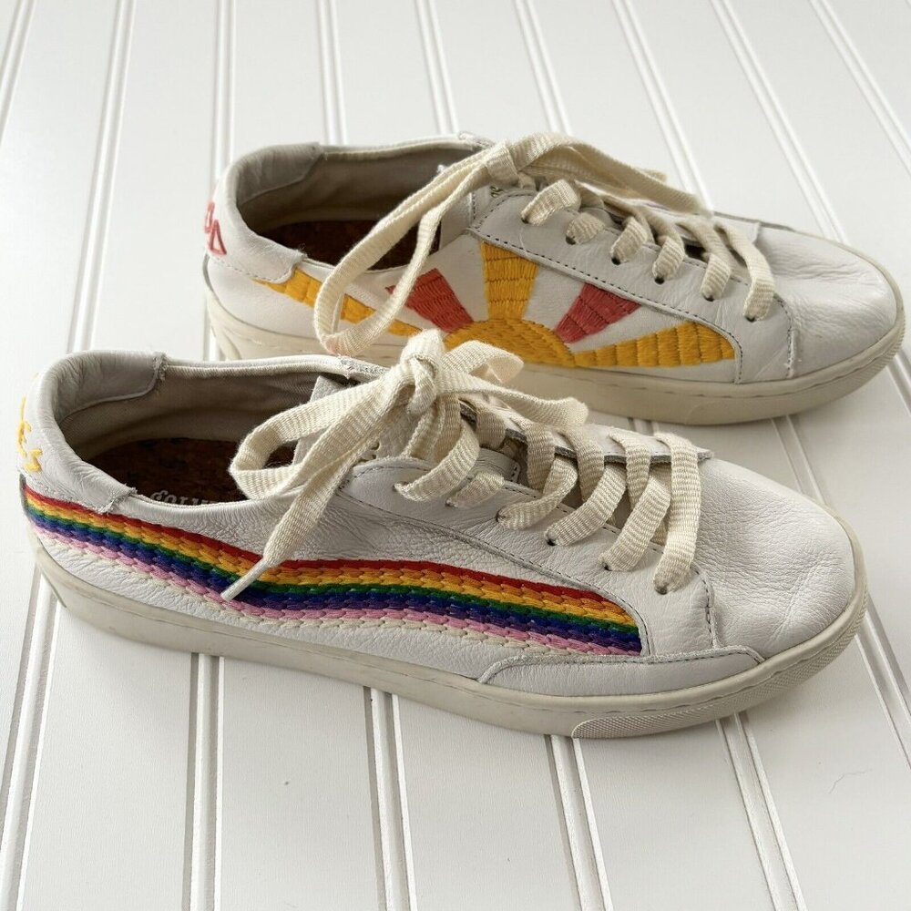Soludos X Lockhart Embroidery White Leather Rainbow Wave Sneakers | Size 6.5